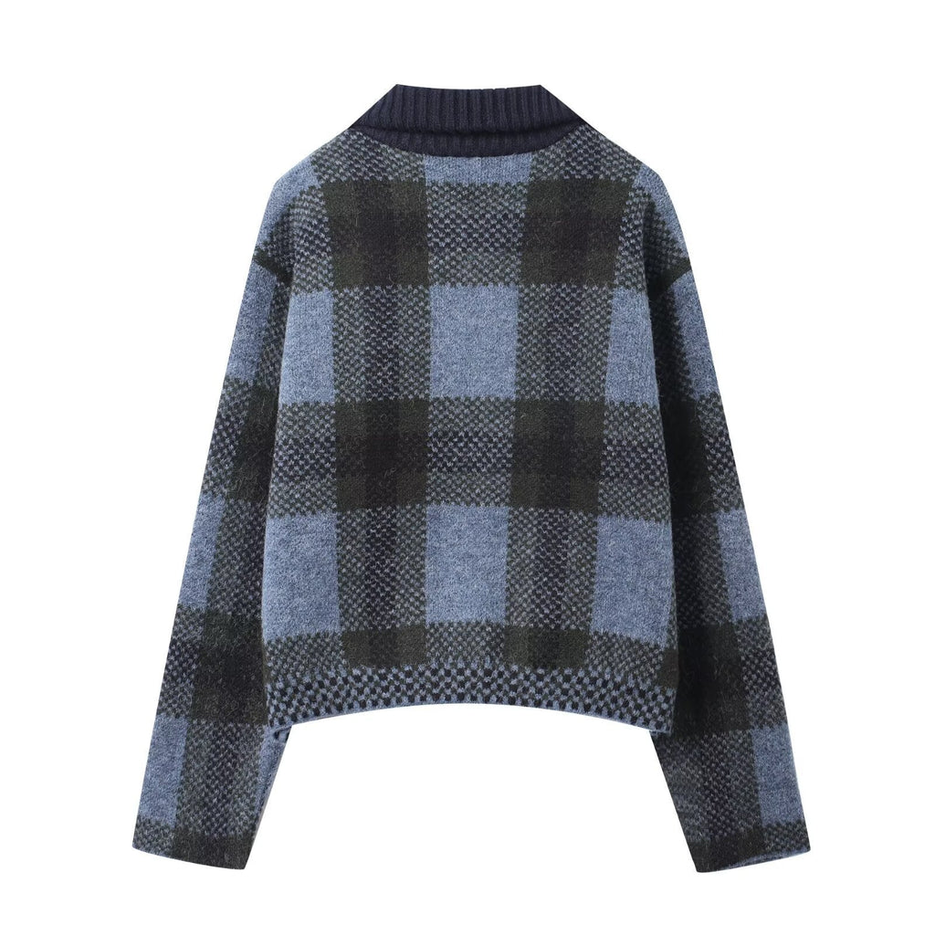 Clara Mode Women’s Casual Fashion Coat - Chic Blue Plaid Knitted Jacket – Apparel & Accessories > Clothing > Outerwear > Coats & Jackets für Damen (Jas)