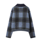 Clara Mode Women’s Casual Fashion Coat - Chic Blue Plaid Knitted Jacket – Apparel & Accessories > Clothing > Outerwear > Coats & Jackets für Damen (Jas)