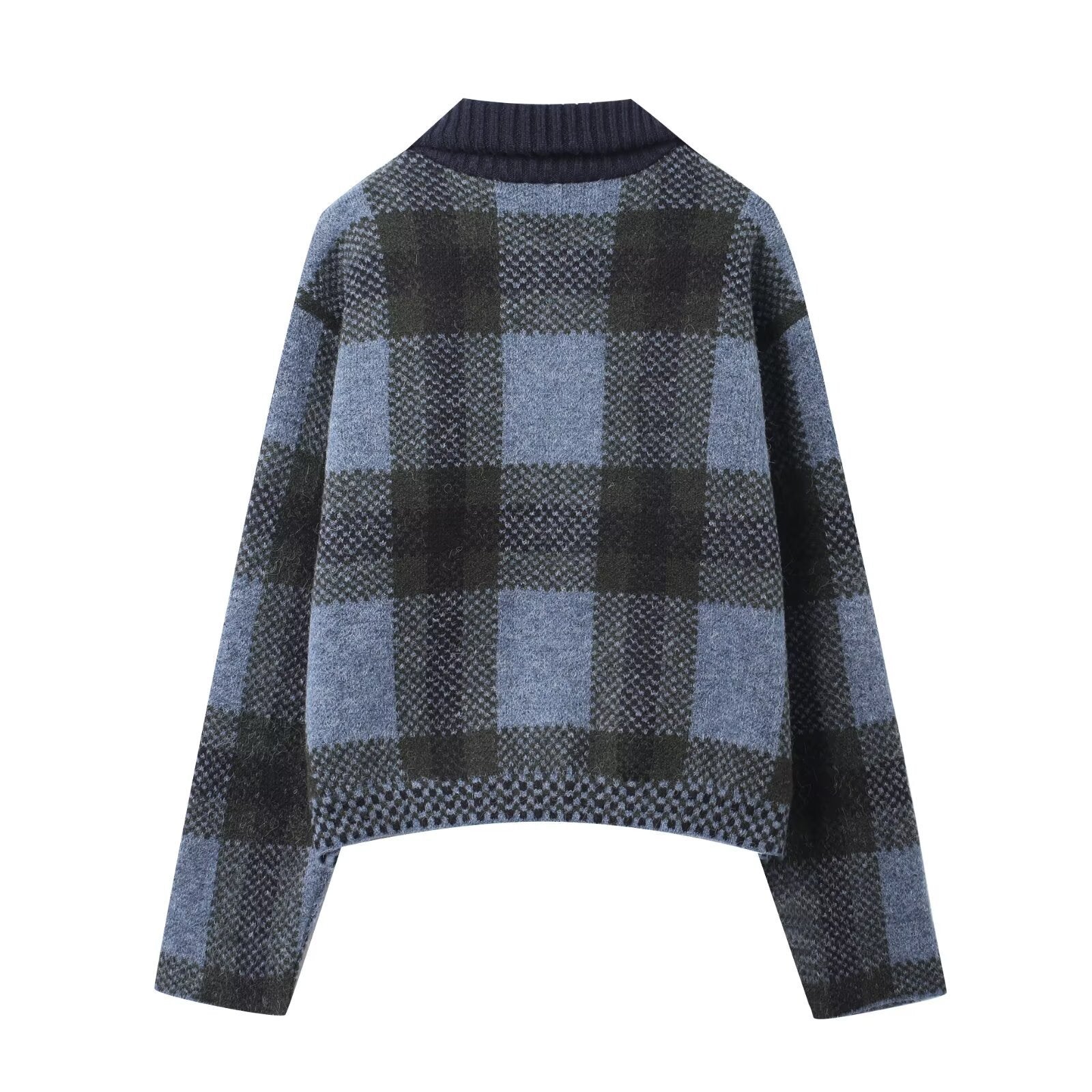 Clara Mode Women’s Casual Fashion Coat - Chic Blue Plaid Knitted Jacket – Apparel & Accessories > Clothing > Outerwear > Coats & Jackets für Damen (Jas)