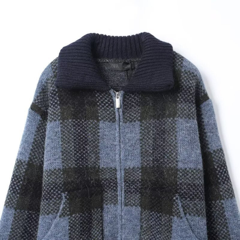Clara Mode Women’s Casual Fashion Coat - Chic Blue Plaid Knitted Jacket – Apparel & Accessories > Clothing > Outerwear > Coats & Jackets für Damen (Jas)