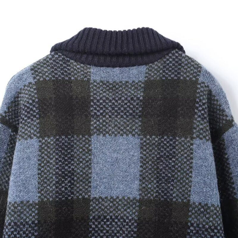 Clara Mode Women’s Casual Fashion Coat - Chic Blue Plaid Knitted Jacket – Apparel & Accessories > Clothing > Outerwear > Coats & Jackets für Damen (Jas)