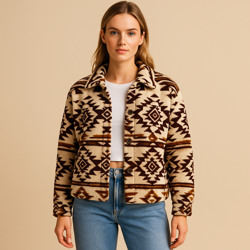 Dalia | Plys Printet Jakke – Boho-Chic Varm Vinterfrakke