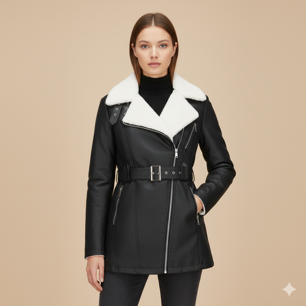 Women’s Leather Jacket with Belt – Long Sleeve and Fleece-Lined