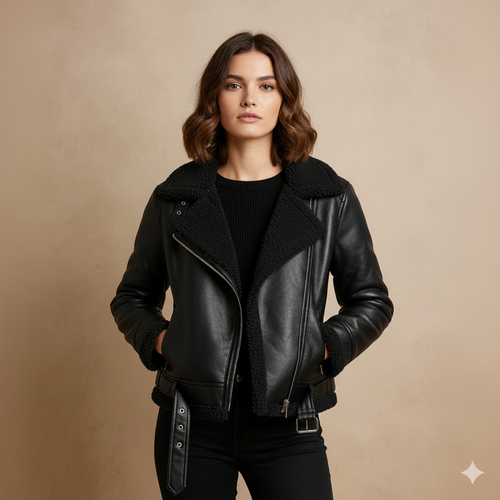 Women’s Leather Aviator Jacket – Short and Shearling-Lined