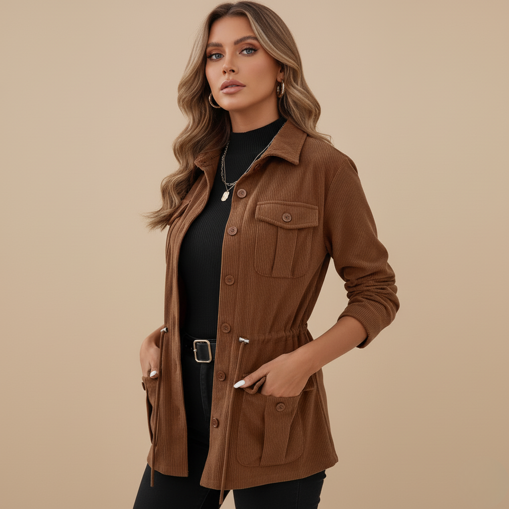 Clara Mode Women’s Casual Button-Up Coat – Classic Corduroy Utility Jacket – Apparel & Accessories > Clothing > Outerwear > Coats & Jackets für Damen (Jas)