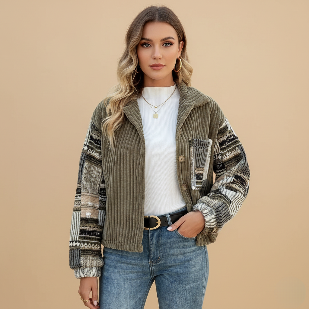 Clara Mode Women’s Fashion Autumn Coat – Corduroy Patchwork Casual Jacket – Apparel & Accessories > Clothing > Outerwear > Coats & Jackets für Damen (Jas)