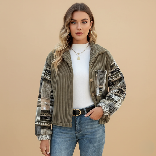 Clara Mode Women’s Fashion Autumn Coat – Corduroy Patchwork Casual Jacket – Apparel & Accessories > Clothing > Outerwear > Coats & Jackets für Damen (Jas)