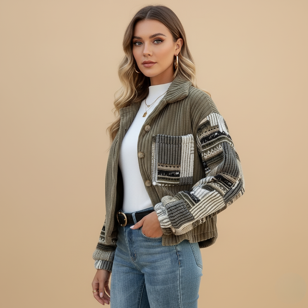 Clara Mode Women’s Fashion Autumn Coat – Corduroy Patchwork Casual Jacket – Apparel & Accessories > Clothing > Outerwear > Coats & Jackets für Damen (Jas)