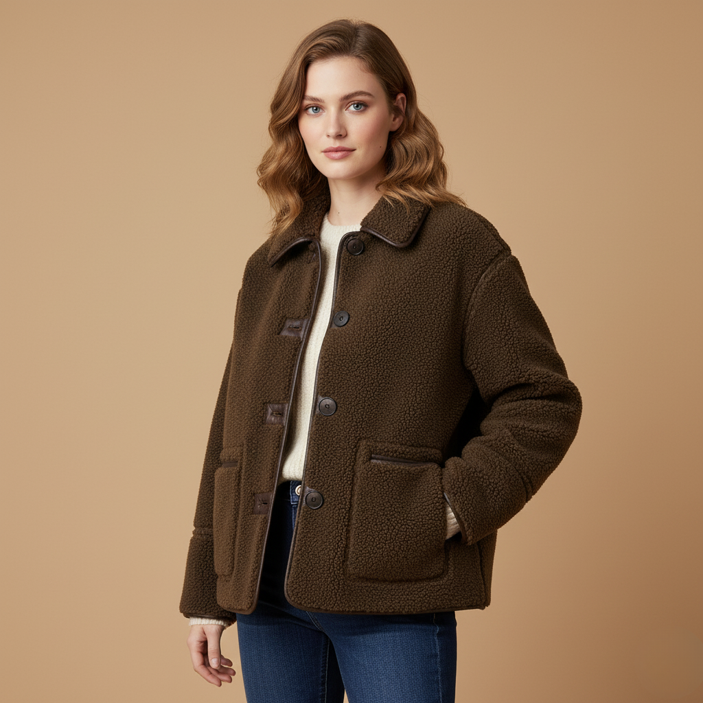 Clara Mode Women’s Reversible Teddy Coat – Double-Sided Casual Jacket with Button Front – Apparel & Accessories > Clothing > Outerwear > Coats & Jackets für Damen (Jas)