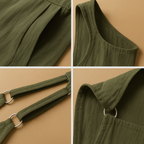 Women’s cotton linen summer jumpsuit with wide legs and loose fit, available in black & white, green & black, and dark blue & white.