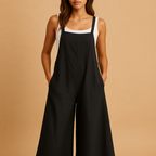 Women’s cotton linen summer jumpsuit with wide legs and loose fit, available in black & white, green & black, and dark blue & white.