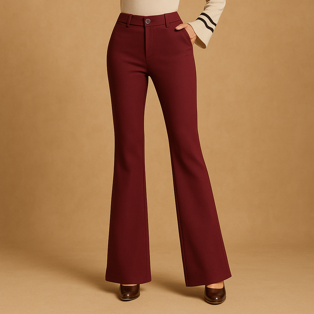 Dames flared broek met hoge taille, slanke pasvorm en wijde pijpen – ideaal voor casual, zakelijke en formele outfits.