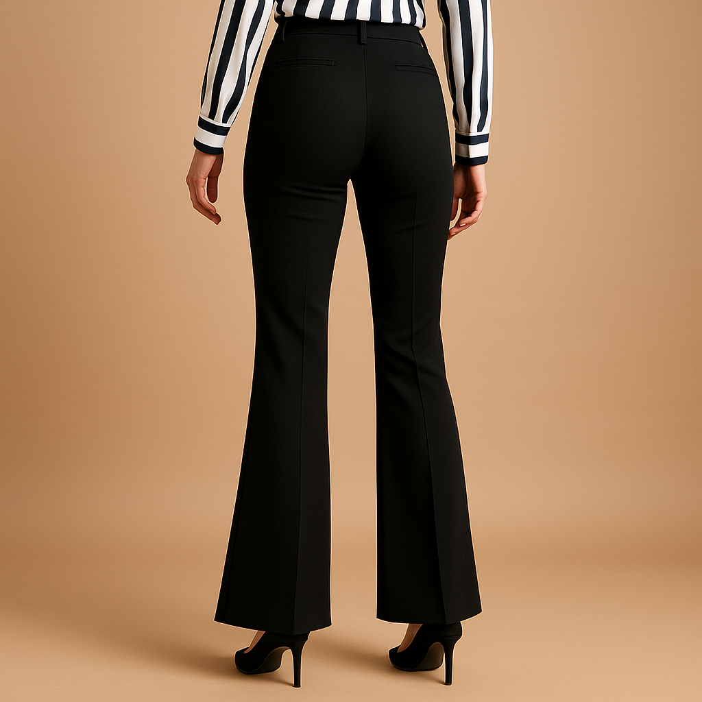 Dames flared broek met hoge taille, slanke pasvorm en wijde pijpen – ideaal voor casual, zakelijke en formele outfits.
