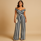 Women’s floral off-shoulder jumpsuit with tailored fit and colorful print. Ideal outfit for weddings, summer parties, and elegant events.