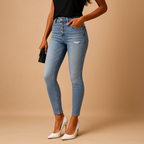 Dames slim fit jeans met ripped details, gemaakt van denim in een comfortabele stretchstof, perfect voor casual en trendy looks.