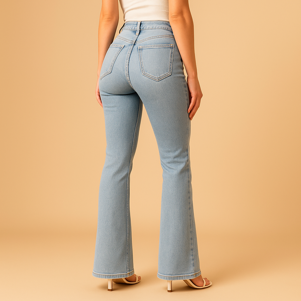 Uitlopende jeans met hoge taille voor dames in stretchdenim, ideaal voor casual en elegante outfits.