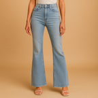 Uitlopende jeans met hoge taille voor dames in stretchdenim, ideaal voor casual en elegante outfits.