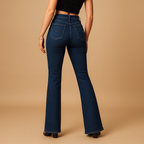 Uitlopende jeans met hoge taille voor dames in stretchdenim, ideaal voor casual en elegante outfits.