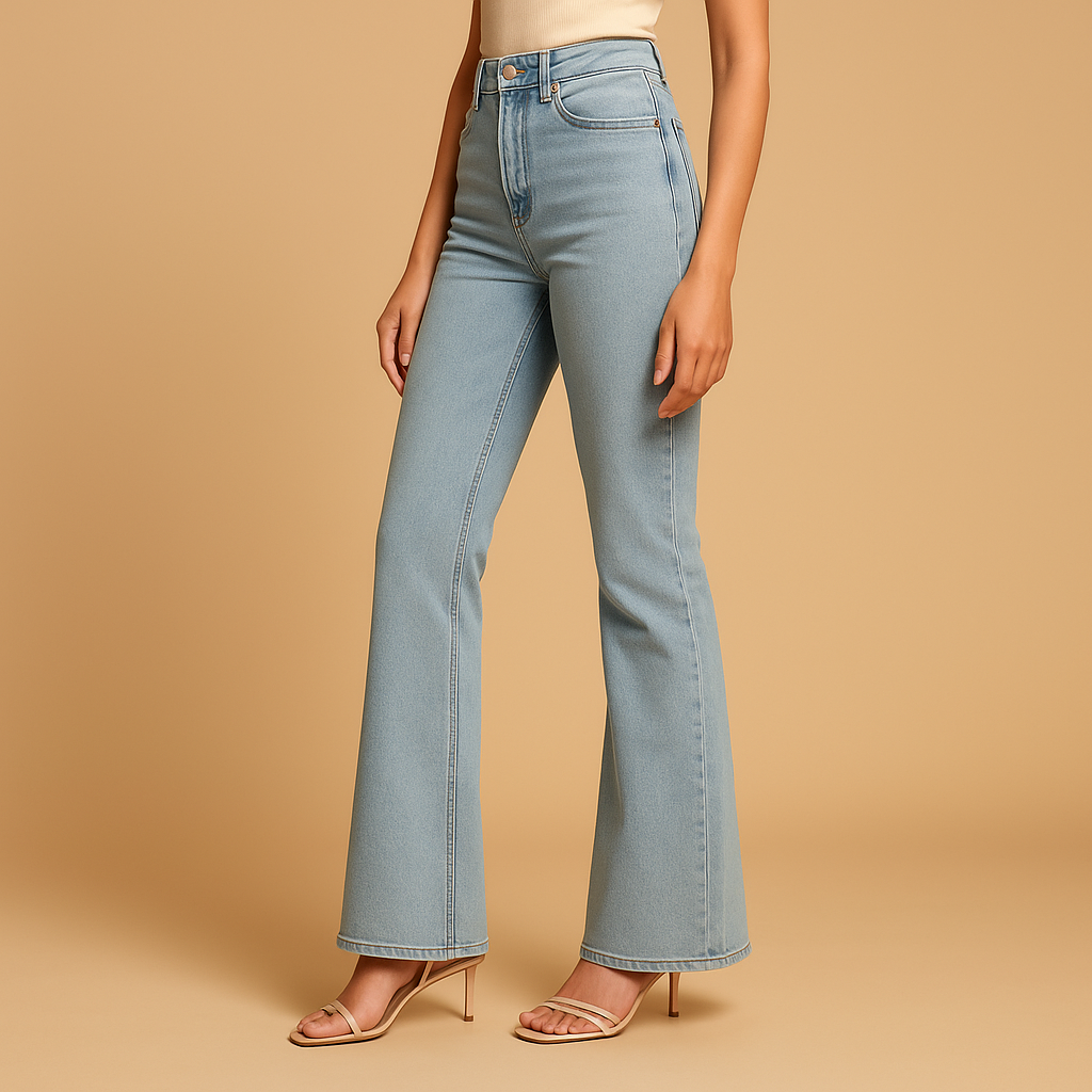 Uitlopende jeans met hoge taille voor dames in stretchdenim, ideaal voor casual en elegante outfits.