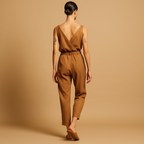 Women’s V-neck belted jumpsuit with adjustable waistband and long legs, available in dark blue, caramel, and black for summer and casual wear.