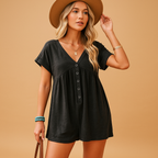 Women’s V-neck lightweight jumpsuit in black with loose fit, perfect for summer vacations, beach days, and casual outings.